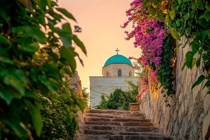 Church with flowering plants by Poster Art Shop