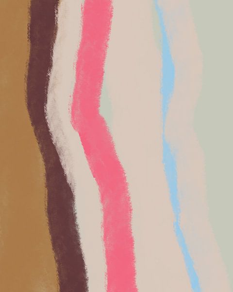 Retro 70s geïnspireerd schilderij met penseelstrepen in neonroze, blauw, goud, merlot en roze. van Dina Dankers