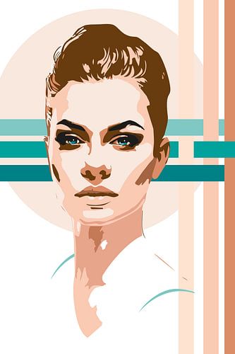 Portret vrouw met kort haar in turquoise en terra