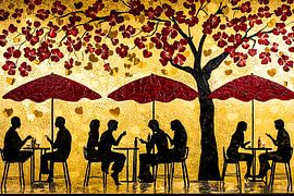 Cafe-Silhouetten mit roten Blumen von Art & Soul Creations