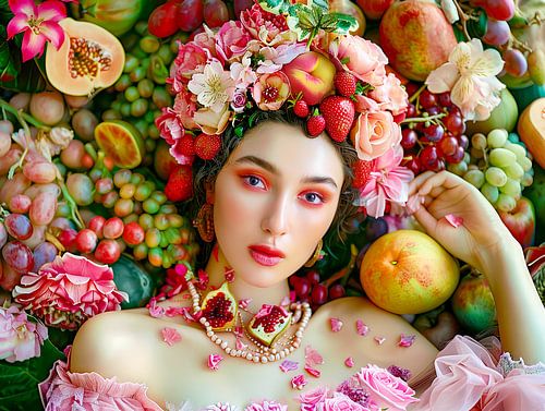 Vrouw met tropisch fruit en bloemenaccenten