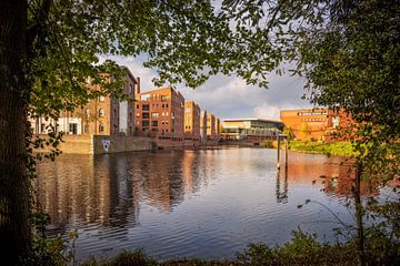 Pakhuizen in de zon met bladeren en reflecties in het water in Deventer van Bart Ros