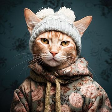 Portrait d'un chat roux avec un bonnet de laine sur Vlindertuin Art