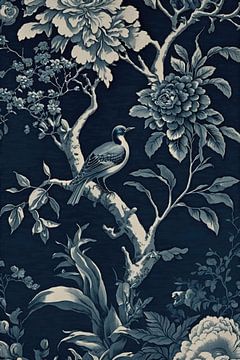 Vogel en bloemen in het blauw van Digitale Schilderijen