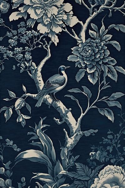 voorstel Behandeling kleurstof Vogel en bloemen in het blauw van Digitale Schilderijen op canvas, behang  en meer