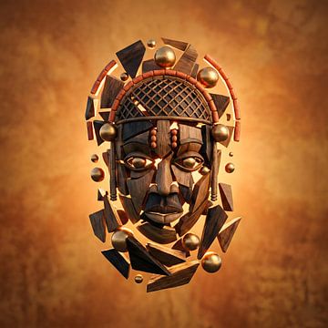 Masque africain abstrait déconstruit avec des éléments dorés sur Clay Artista