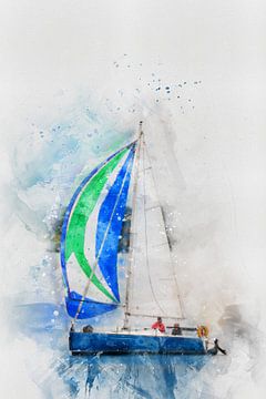 Zeilboot met een blauw groen zeil (kunst) van Art by Jeronimo