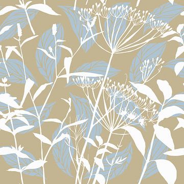Botanica Delicata. Abstracte Retro bloemen en bladeren in goudbeige, blauw en wit van Dina Dankers