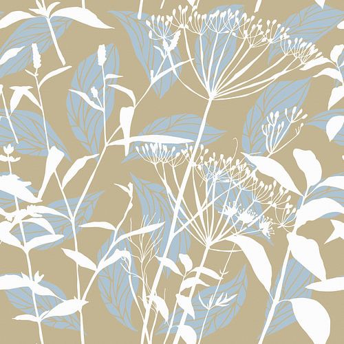 Botanica Delicata. Abstracte Retro bloemen en bladeren in goudbeige, blauw en wit