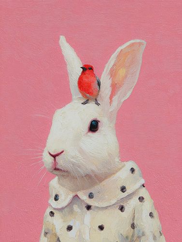 Lapin blanc avec petit oiseau rouge sur fond rose