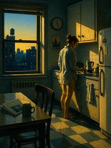Quiet Morning Kitchen Oil Painting — Nostalgic Urban Apartment Wall Art