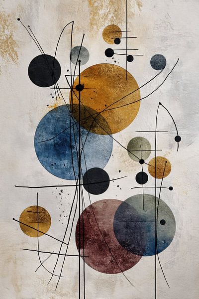 Geometrische abstrakte Malerei - Blauer Ocker mit Kreisen von Joriali Abstrakte Kunst