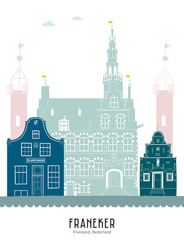 Skyline-Illustration der Stadt Franeker in Farbe