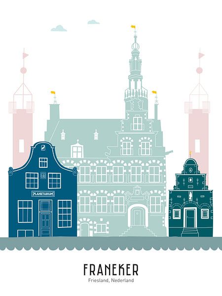Skyline illustratie stad Franeker in kleur van Mevrouw Emmer