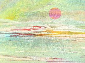 Landschap Japandi 22 met maan in roze van Claudia Gründler