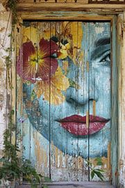 Gesicht einer Frau mit Blumen - Poetische Straßenkunst von BowiScapes – Kunst und urbane Wandgestaltung