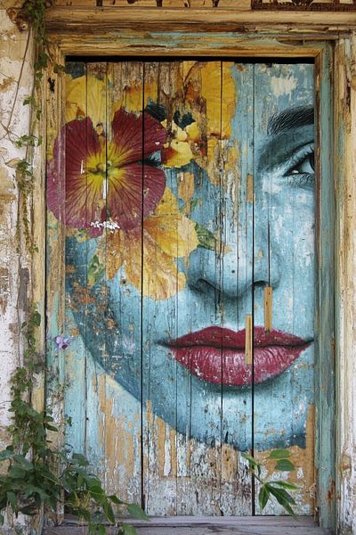 Gesicht einer Frau mit Blumen - Poetische Straßenkunst von BowiScapes Abstrakt und digitale Kunst
