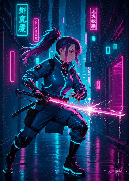 Anime Samurai Meisje Japan Cyberpunk van Ruzerin