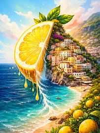 Art surréaliste représentant un village côtier méditerranéen avec des citrons sur uwidya
