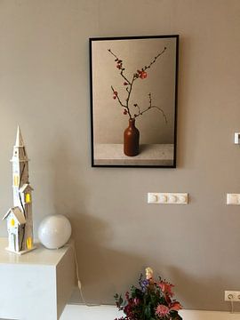 Customer photo: Flower branch in vase, still life Japanese flowering, quince, Japandi style