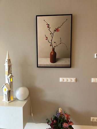 Flower branch in vase, still life Japanese flowering, quince, Japandi style