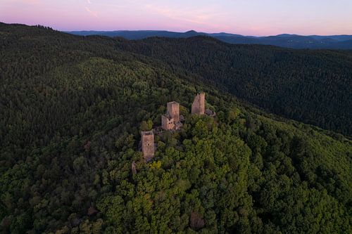 Ruines d'un château dans les forêts françaises au coucher du soleil