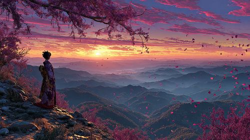 Japanese art  landscape Geisha