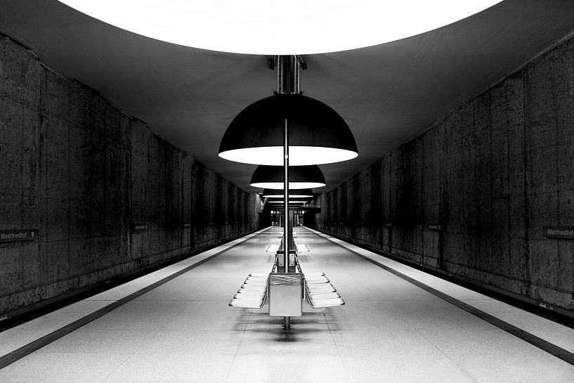 Munich Westfriedhof Underground Subway Station Platform in Black and White by Andreea Eva Herczegh