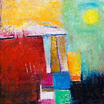 Sun | Moon | Abstract painting with red yellow and green by Anja Namink - Paintings