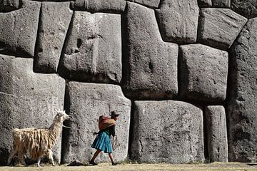 Meisje met lama bij Inca ruines, Cusco, Peru van Frans Lemmens