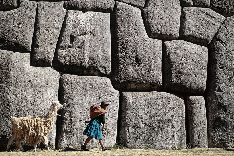 Fille avec un lama chez les ruines inca de Sacsayhuaman près de Cusco, au Pérou par Frans Lemmens