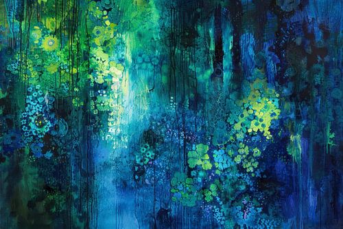 Blauwe Bloemenpatronen - Mysterieus Abstract Schilderij