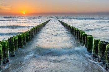 Têtes de pont au coucher du soleil sur la plage de Domburg