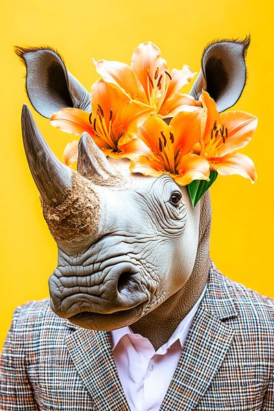 Rhinoceros with flower wreath - Stylish &amp; colourful by Poster Art Shop