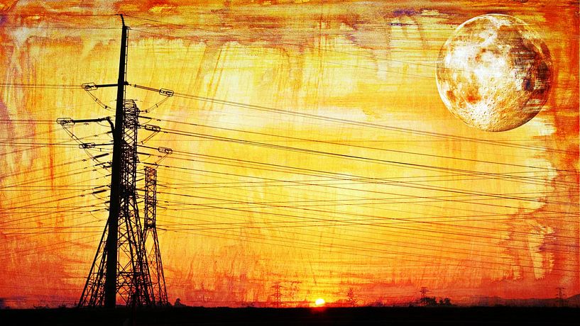 Lignes à haute tension et pylônes électriques au lever du soleil mixed media par Werner Lehmann