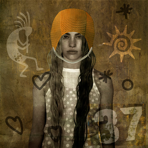 Badehaube „Girl“ mit Aborigine-Motiven im Mixed-Media-Stil