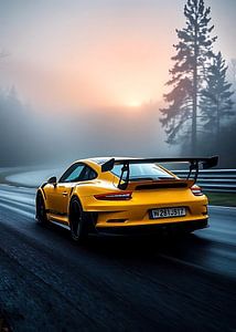 Porsche 911 GT3 RS Racing Gelb Sonnenaufgang Neblig 2