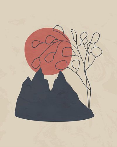 Minimalistisch landschap met een eucalyptusboom en een berg