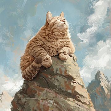 Kat Schilderij op Rots - Realistische Kunst voor Elke Ruimte