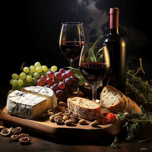 stilleven van wijn, kaas en brood