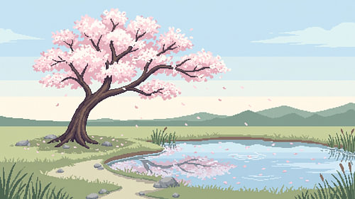 Pixel-Art-Kirschbaum, der sich in einem ruhigen Frühlingsteich spiegelt