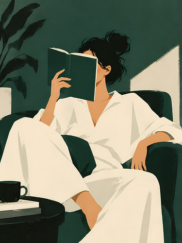 Lecture dans un fauteuil émeraude
