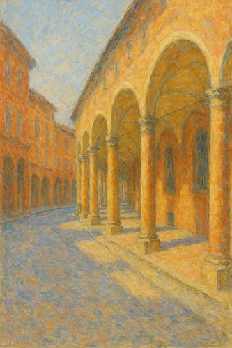 Bologna Porticoes Perspective Walkway – Warme Italiaanse straatscène kunst