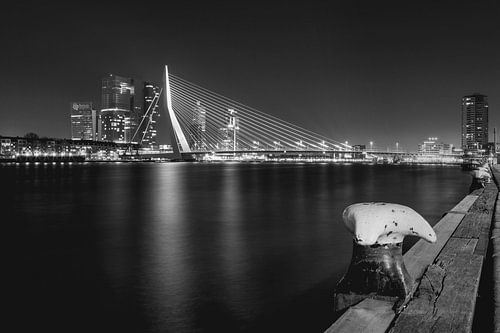 Night skyline with Erasmus bridge in Rotterdam - black-and-white city photo