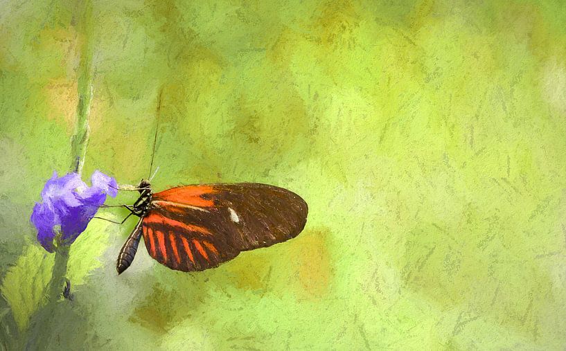 Schöner Schmetterling auf violetter Blume, Ölkreide von Rietje Bulthuis