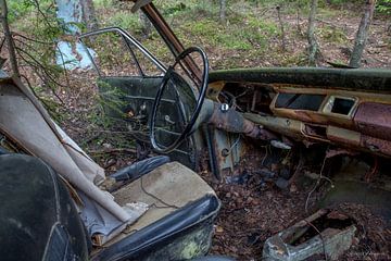 Stuur in auto op kerkhof in bos in Ryd, Zweden van Joost Adriaanse