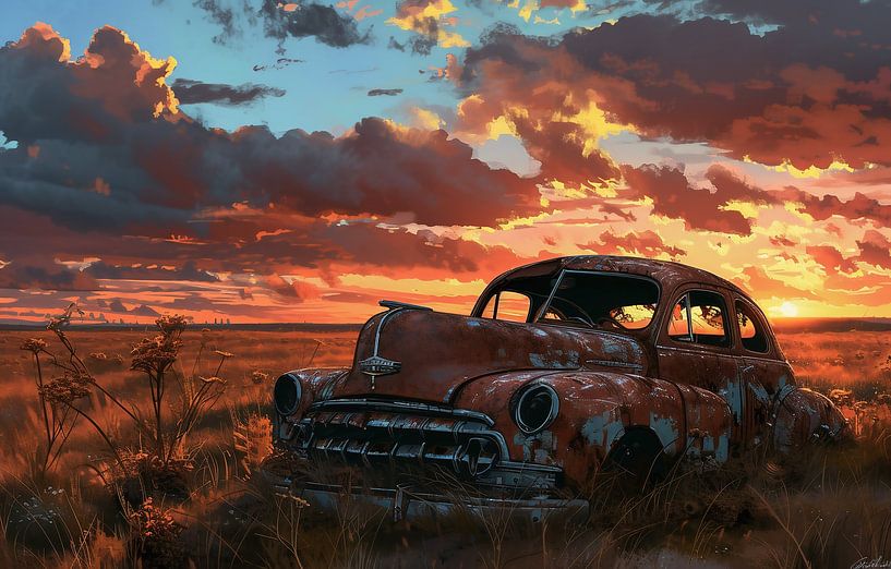 Sonnenuntergang über Autowrack von fernlichtsicht