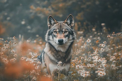 Portret van een wolf tussen de witte bloemen