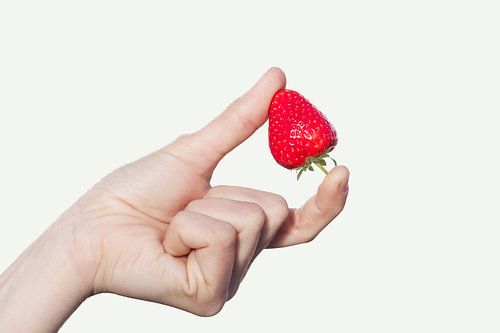 Rijpe aardbei tussen twee vingers