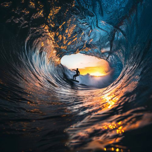 Surfer in de zonsondergang